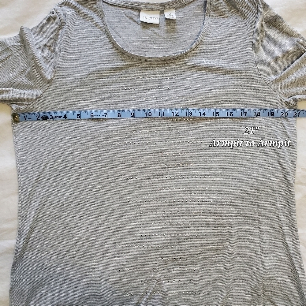 ZENERGY Chicos Gray Sparkle Rhinestone Metallic Top Blouse Womens 2 Large FLAW - Picture 10 of 15